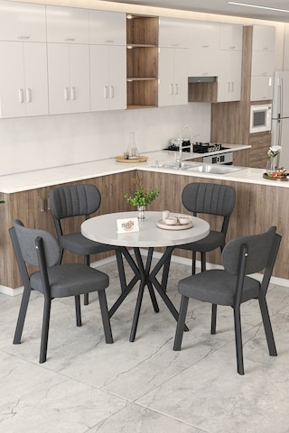 Gnr 90cm Sabit Beyaz Mutfak Masası Takımı, Yemek Masası, 4 Modern Antrasit Sandalye Antrasit