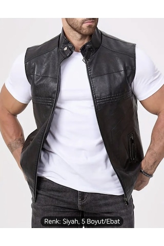 Uzun Hakim Yaka Regular Fit Hakiki Deri Yelek Siyah