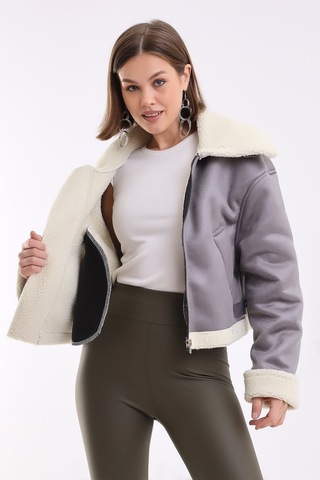 Winmoda34 Içi Kürk Astarlı Biker Kısa Ceket Gri