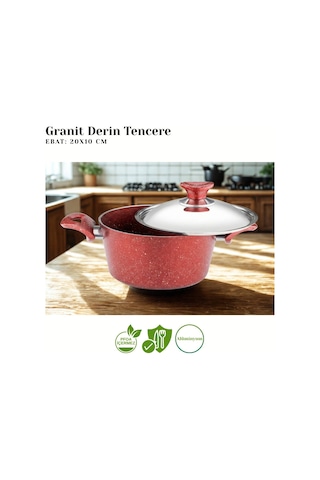 20 Cm Granit Derin Tencere Çelik Kapak - Kırmızı Kırmızı