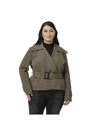 Büyük Beden Mono Yaka Kemerli Astarlı Kısa Haki Trençkot Haki