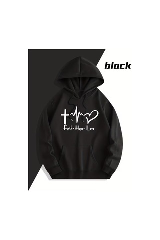 Nevermind Faith Hope Love Baskılı Hoodie Unisex Kapüşonlu Sweatshirt Çift Kombini 2'li Set Takım Siyah