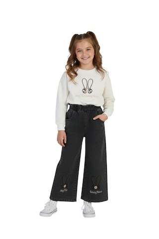 Erdem Kıds Kız Çocuk Bayramlık Günlük - Casual Geniş-bol Paça Palazzo Kot Pantolon-sweatshirt İkili Takım Beyaz - Siyah