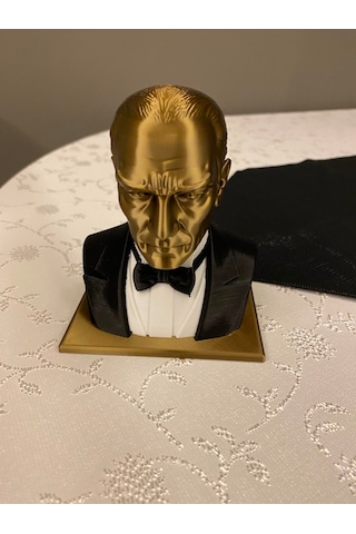 Riva Self Atatürk Büstü Özel Tasarım Gold Siyah Smokinli Biblo Heykel 3d - 10 Cm