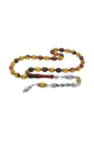 Kararmaz Metal Halat Püsküllü Arpa Kesim Bala-siyah Ateş Kehribar Tesbih