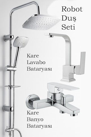 3 Lü Banyo Seti Robot Duş Seti + Kare Lavabo Bataryası + Kare Banyo Bataryası %100 Pirinç krom
