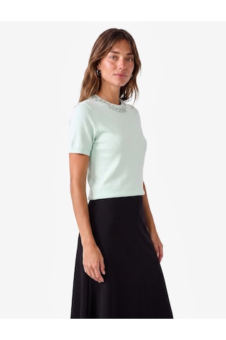 Koton Regular Fit Boncuklu Bisiklet Yaka Kısa Kollu Viskon Triko Kazak Mavi 7wak90135ht