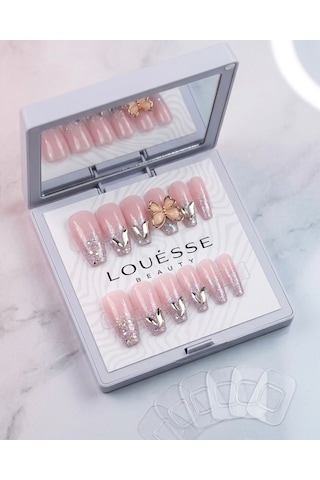 Louésse Blush Butterfly Takma Tırnak 12 Li Pembe Nude Simli Taşlı Soft Luxe Nail