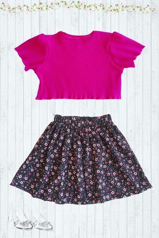 Etekli Crop Takım, Bürümcük Etek - Pamuklu Fuşya Crop Fuşya-bürümcük Fuşya