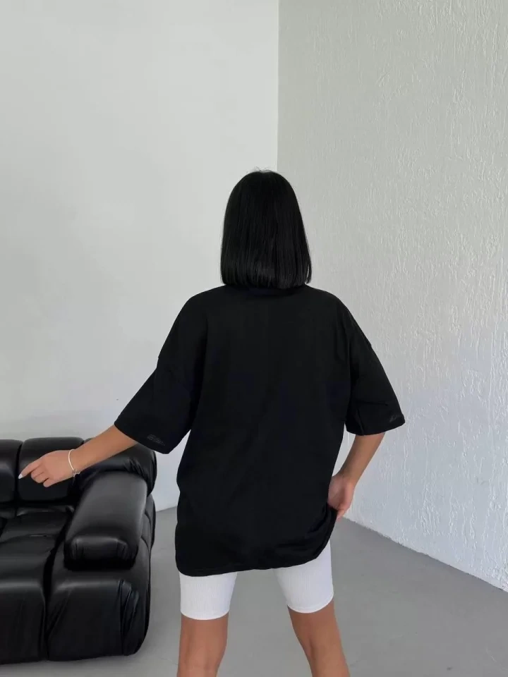Buğrahayalin Unisex Bisiklet Yaka Baskılı Oversize T-shirt - Beyaz Siyah