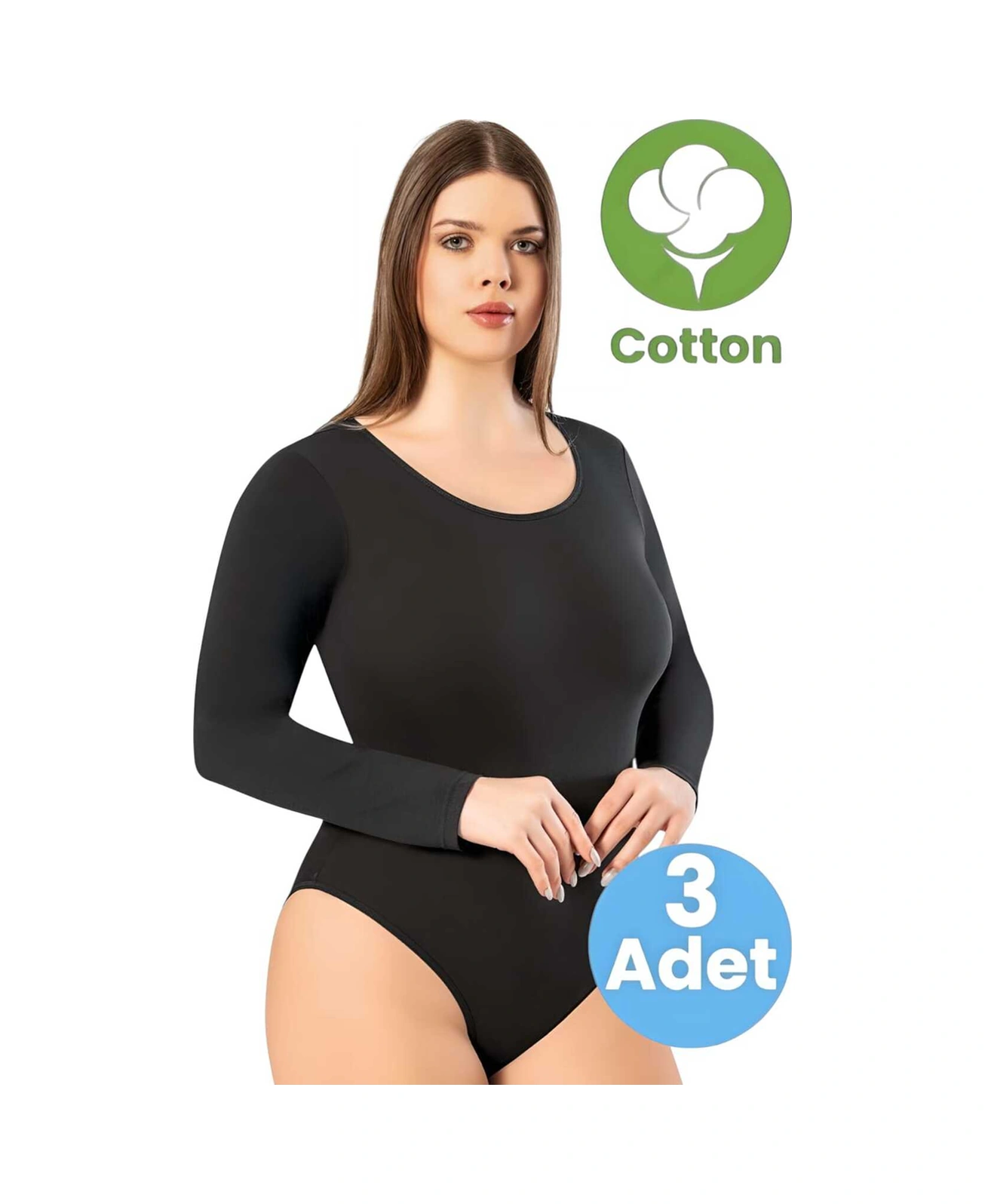 Tezzgelsin Kadın 3'lü Pamuklu Bisiklet Yaka Uzun Kol Çıtçıtlı Body Siyah