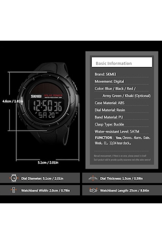 Reedark Skmeı 1405 Erkek Spor Saati - 5atm Su Geçirmez, Kronometreli, Alarmlı, Işıklı Çok Fonksiyonlu Kol Saati Siyah