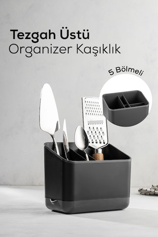 Vienev Tezgah Üstü Kaşık Düzenleyici 5 Bölmeli Organizer Kaşıklık Antrasit