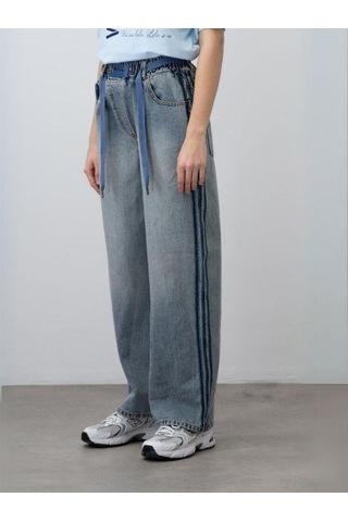 Zekids Kız Çocuk Kordon Detaylı Oversize Denim Pantolon-15529 Mavi