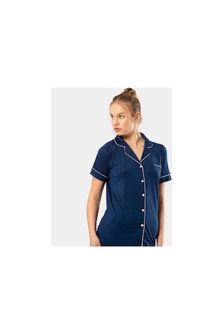 Türen Düz Kısa Kollu Gömlek Yaka Pijama Takım 3368/lacivert 001