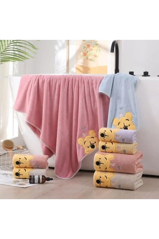 Zyzqstore Kalınlaşmış Mercan Kadife Banyo Havlusu Nakış Pooh Ayı Çok Renkli Çok Renkli