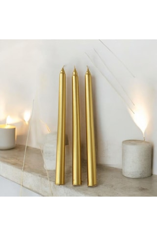 Denic 3 lü Metalik Gold Şamdan Mum Konik Mum