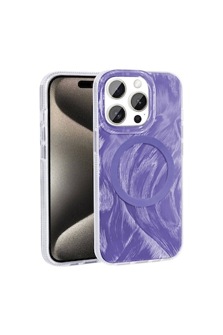 Zore Apple iPhone Uyumlu 15 Pro Max Kılıf Magsafe Şarj Özellikli Fırça Boya Desenli Omsy Palet Kapak - Mor