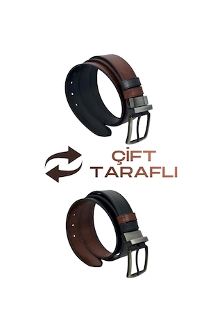 Süzer Deri Kahverengi / Siyah Çift Taraflı Suni Deri 4 Cm. Genişlik Dönerli Tokalı Spor Erkek Kemer - 7110-13 Kahverengi