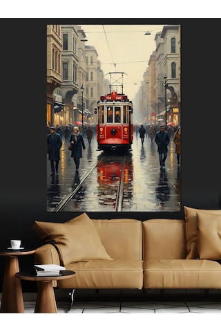 Ahşap Tablo Yağmurlu Kırmızı Tramvay Sokak