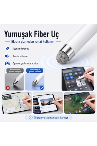 Samsung Galaxy Tab A11+ Plus X230 İle Uyumlu Çift Uçlu Dokunmatik Kalem Disk Fiber Uç Beyaz