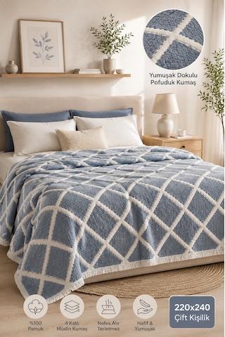 Premium Geometrik Kare Desenli %100 Pamuk Müslin Çift Taraflı Yatak Örtüsü Pike 220x240 Çift Kişilik İndigo