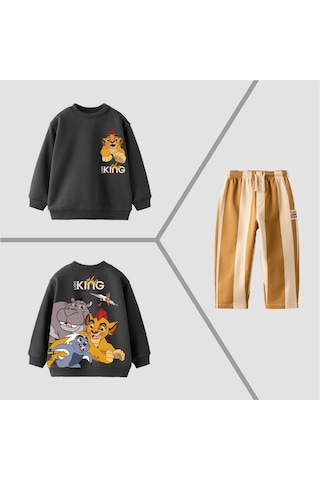 Yeni Sezon Erkek Çocuk Sevilen Çizgi Karakter Baskılı Ormanlar Kralı Alt Üst Eşofman Takımı Kahve Kahverengi