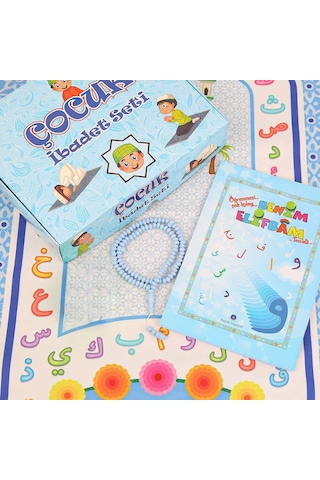 Çocuk Seccadesi Ve Eğitici Kitabı Namaz Seti - Mavi 45x82 Cm - 110 Gr - Tesbih Çok Renkli