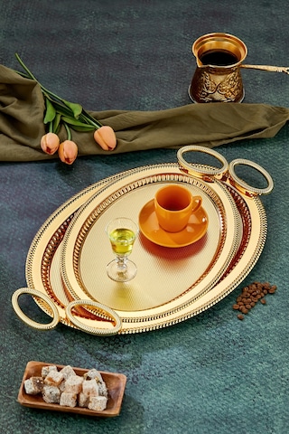 Cooker 2'li Özel Seri Oval Model Lüx Metal Çay Sunum, Nişan Tepsisi 37x28 Ve 44x33 Cm Altın