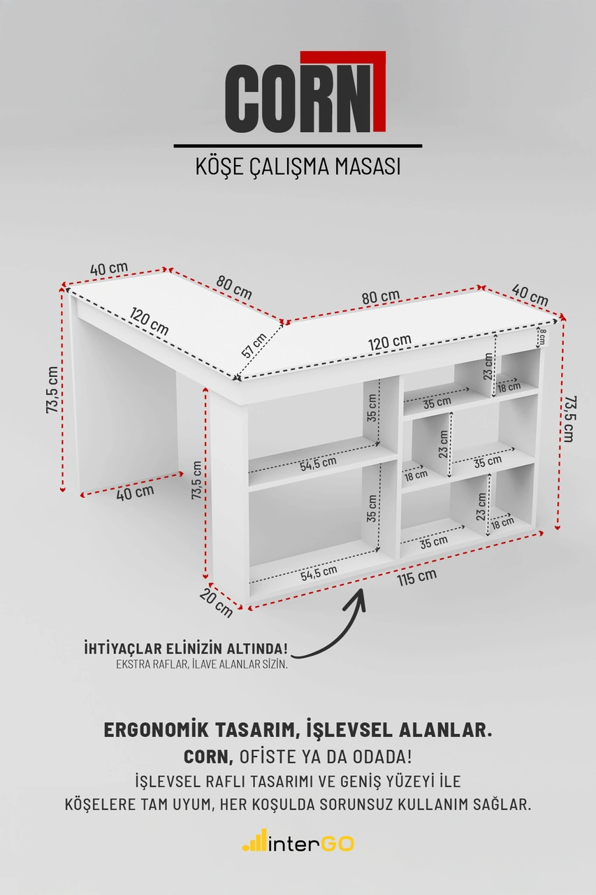 Corn Köşe Çalışma Masası Raflı Bilgisayar, Ofis Masası Beyaz Beyaz