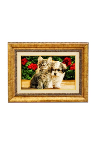 İran El Dokuması Tablo Halı Kedi & Köpek Ebat : 58cm X 38 Cm Çok Renkli
