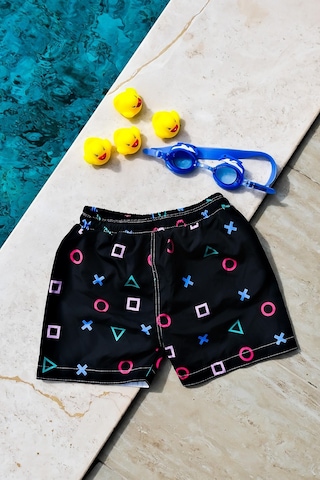 Mayom Erkek Çocuk Playstation Geometrik Baskılı Bel Bağcıklı Deniz Şortu-siyah Siyah