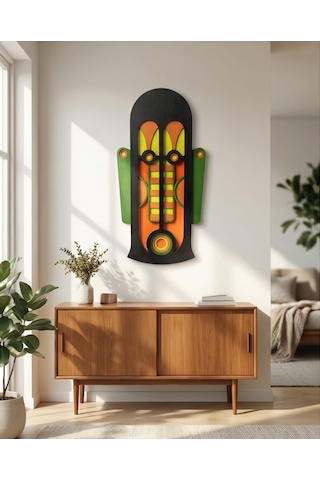 Modern Afrika Tarzı Ahşap Duvar Maskı Mdf - Siyah Turuncu Yeşil Geometrik Tribal Mask 1