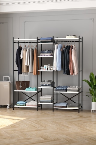 10 Raflı Metal Gardırop Metal Portmanto Açık Gardırop Elbise Dolabı Vestiyer Openix Beyaz