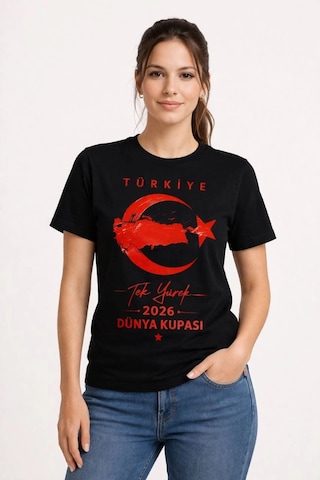 Moda Kadın Türkiye Ay Yıldız 2026 Dünya Kupasi Taraftar Forma T-shirt - Siyah Çok Renkli