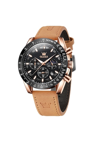 Olevs 9957 Erkekler Aydınlık Su Geçirmez Deri Kayış Kuvars Saat Siyah + Gül Altın