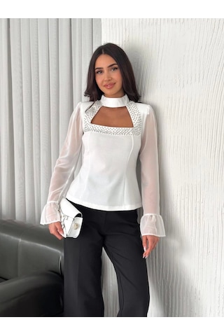 Modaserdem Kolları Şifon Göğüste İnci Boncuk Detaylı Bluz - Beyaz Beyaz