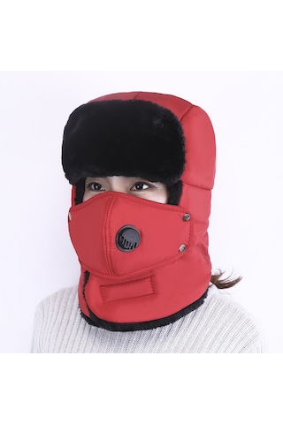 Unisex Outdoor Kışlık Bere Maskeli Şapka Kırmızı