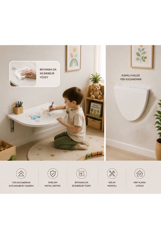 Montessori Katlanabilir Duvar Masası Çocuk Aktivite Masası Açılır Kapanır Çalışma Masası Kalem Boya Silinebilir Yüzey 78 Cm Beyaz Duvar Masası, Montessori Masa
