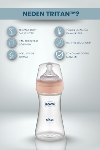 Mooma Neutra Antikolik Tritan Biberon 250 Ml 6-18 Ay Orta Akış Mercan Pembe