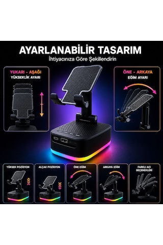 Rgb Ledli 3 In 1 Telefon Tutucu Powerbank Ve Bluetooth Hoparlör Özellikli Tf Kart Ve Usb Bellek Destekli Taşınabilir Telefon Tutucu