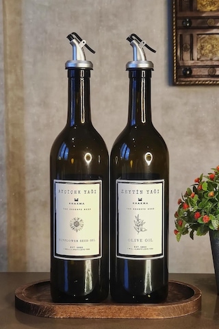 Khakma Ahşap Standlı Zeytinyağ  + Ayçiçek Yağ Şişesi 2'li Set Amber 750 ML