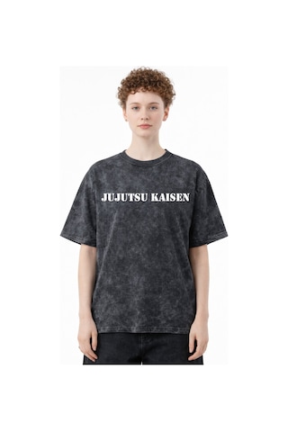 Itadori Yuji Jujutsu Kaisen Anime Baskılı Unisex Oversize Eskitme Siyah