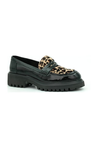 Tuna Hakiki Deri Eva Taban Loafer Kadın Ayakkabı - L264192 Siyah Garni Leopar Baskı