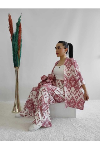 İpli Pembe Renk Desenli Ikili Kimono Takım Rahat Kalıp Pembe
