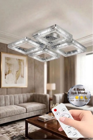 LumiaLighting Yakamoz Model Gümüş Kumandalı 4"lü Ledli 3 Renk Modu Kristal Salon Mutfak Yatak Çocuk Odası Avize
