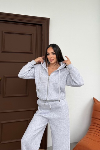 Mezka Kadın Çift Fermuar Detaylı Kapüşonlu Kışlık Şardonlu Oversize Eşofman Takımı Gri