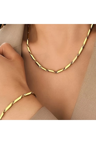 Çelik Takı Seti Bileklik Kolye Titanyum Melon Düz Model 3 Mm Kalınlık 22-55 Cm Uzunluk Altın Sarısı Gold Altın