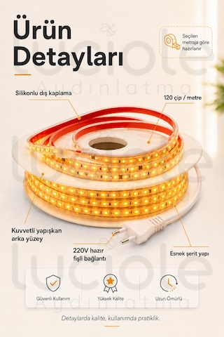 20 Metre 220v Amber Şerit Led Hazır Fişli Tak Çalıştır Silikonlu Yapışkanlı Dış Mekan