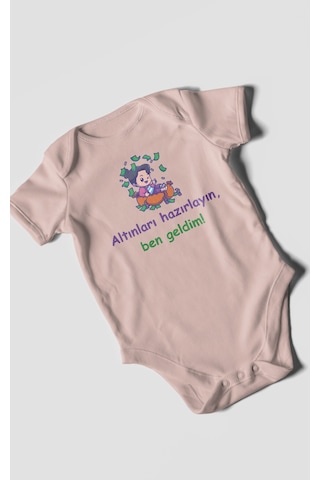 Altınları Hazırlayın, Ben Geldim Baskılı Bebek Zıbını Çıtçıtlı Body %100 Pamuk Kısa Kol Pastel Pembe